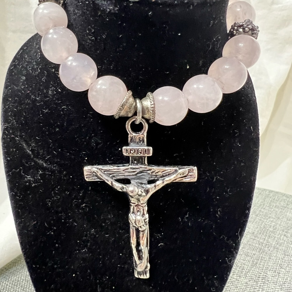 Rosary" Bracelet Rose Quartz Stone with Cross Stainless Steel Silver ☑️ - Picture 9 of 14